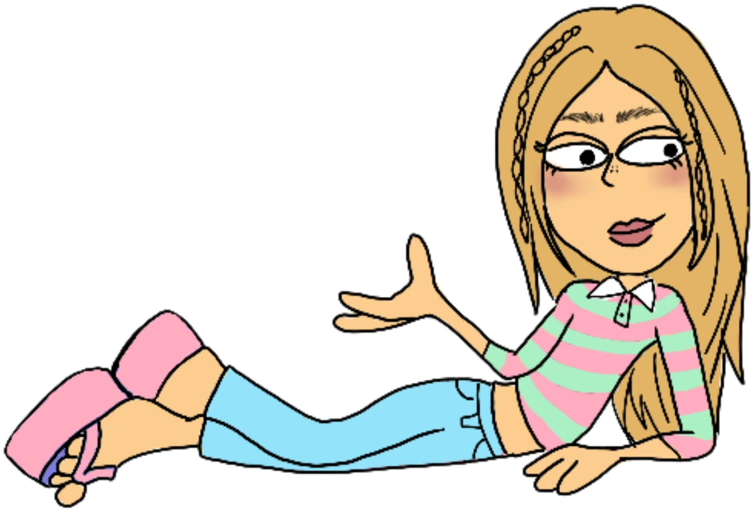 Caricatura de Maca acostada, con lentes, suéter de rayas rosas y verdes y jeans